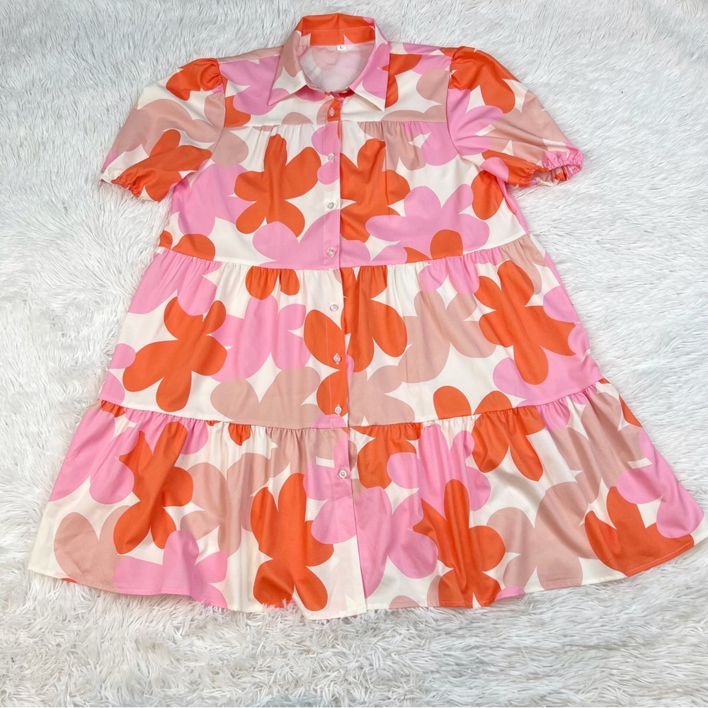 Women’s puff sleeve floral tiered shirt dress button front